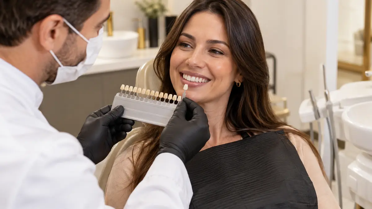 Dentista utilizando escala de cores antes do clareamento dental em Sapezal