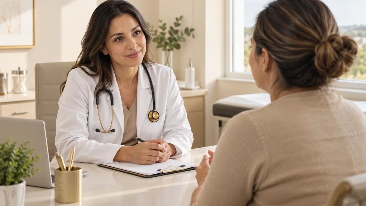 Imagem ilustrativa de uma médica ouvindo uma paciente durante consulta